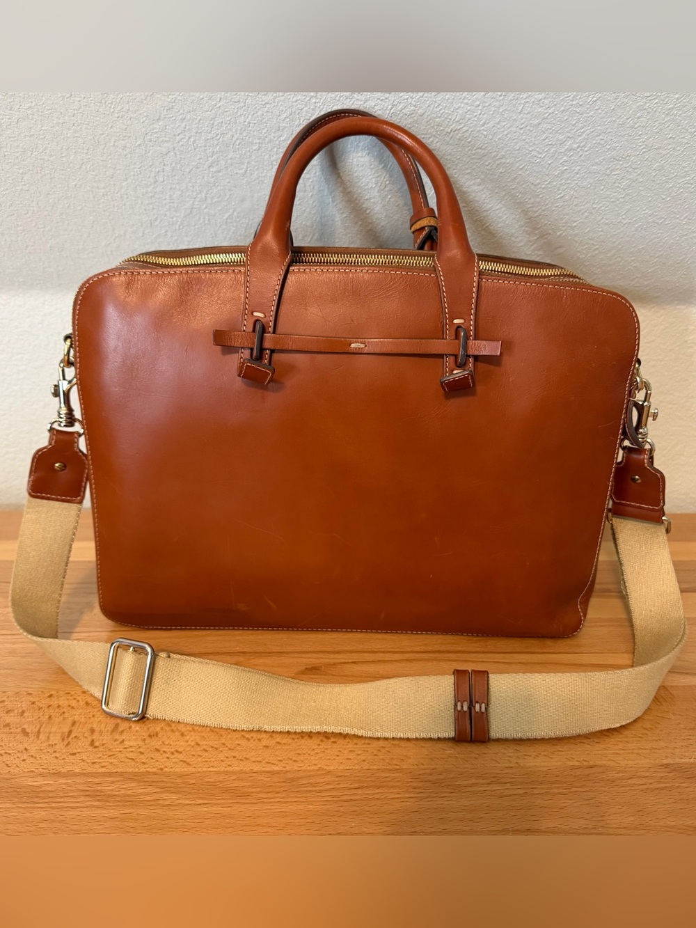 Dooney & Bourke Cognac Double Zip Leather Briefcase Messenger Bag Laptop